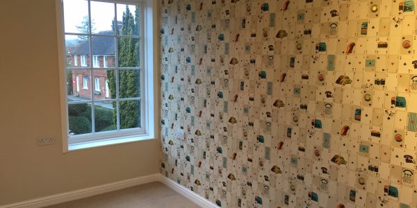 wallpapered room