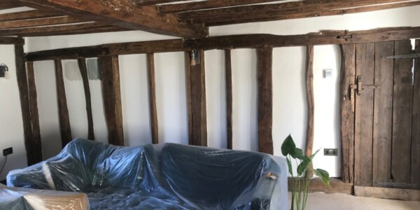 wooden beams on walls and ceiling
